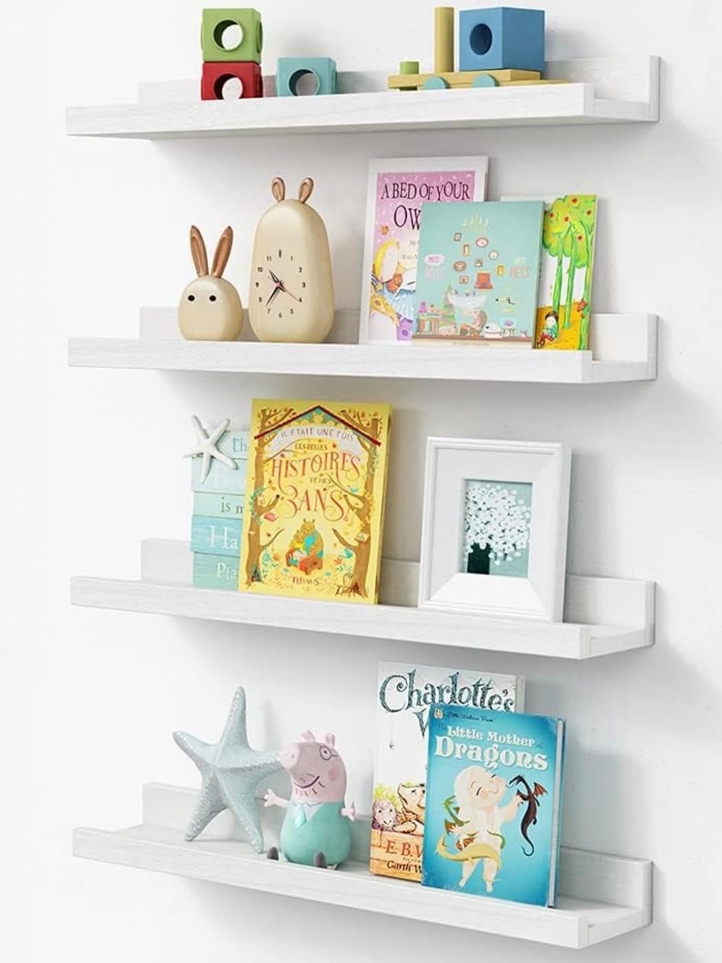 Forbena 24 Inch Floating Nursery Book Shelves for Wall, White Kids Wall Bookshelf for Bedroom, Picture Ledge Shelf with Lip for Baby Bathroom, Living Room Office Art Books (Solid Wood, Set of 4)
