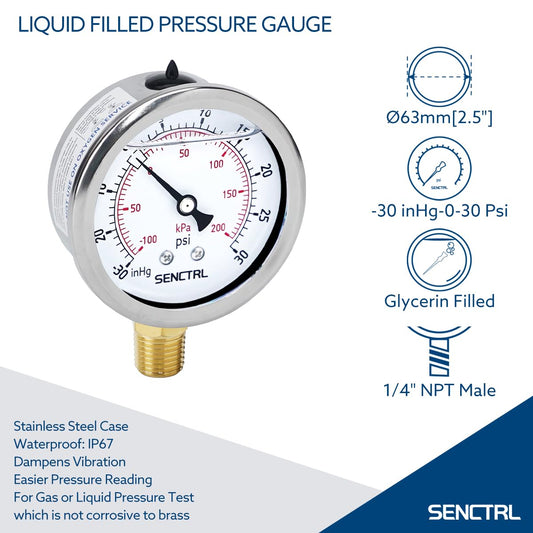 SENCTRL 30 inHg to 30 Psi Vacuum Glycerin Liquid Filled Low Pressure Gauge, 2.5" Dial Size, 1/4" NPT Lower Mount, Stainless Steel Case, for Air Conditioning Manifolds, HVAC, Air Pump Vacuum Test