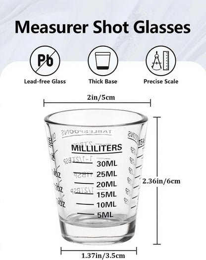 2-Pack Shot Glass Measuring Cups Set | Non-Fading 4-Measurement Espresso Jigger (OZ/ML/TSP/TBSP) | Thick Base Heavy Glass Measuring Cup for Coffee & Kitchen，Dishwasher Safe, Incremental Scale (Black)