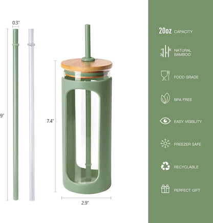 Kodrine 20oz Glass Tumbler with Straw and Lid, Iced Coffee Cups with Bamboo Lids, Glass Cups for Cold Drinks, Smoothie Cup with Silicone Sleeve for Travel, Work, BPA FREE-Olive