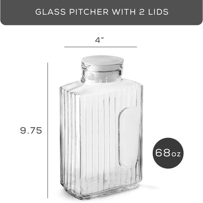68oz Glass Pitcher with Lid (2 Lids), Rectangle Beverage Serveware and Storage Container for Cold Drinks and Liquids, Water Containers, 2 Quart Pitcher with Lid for Kool Aid and Lemonade
