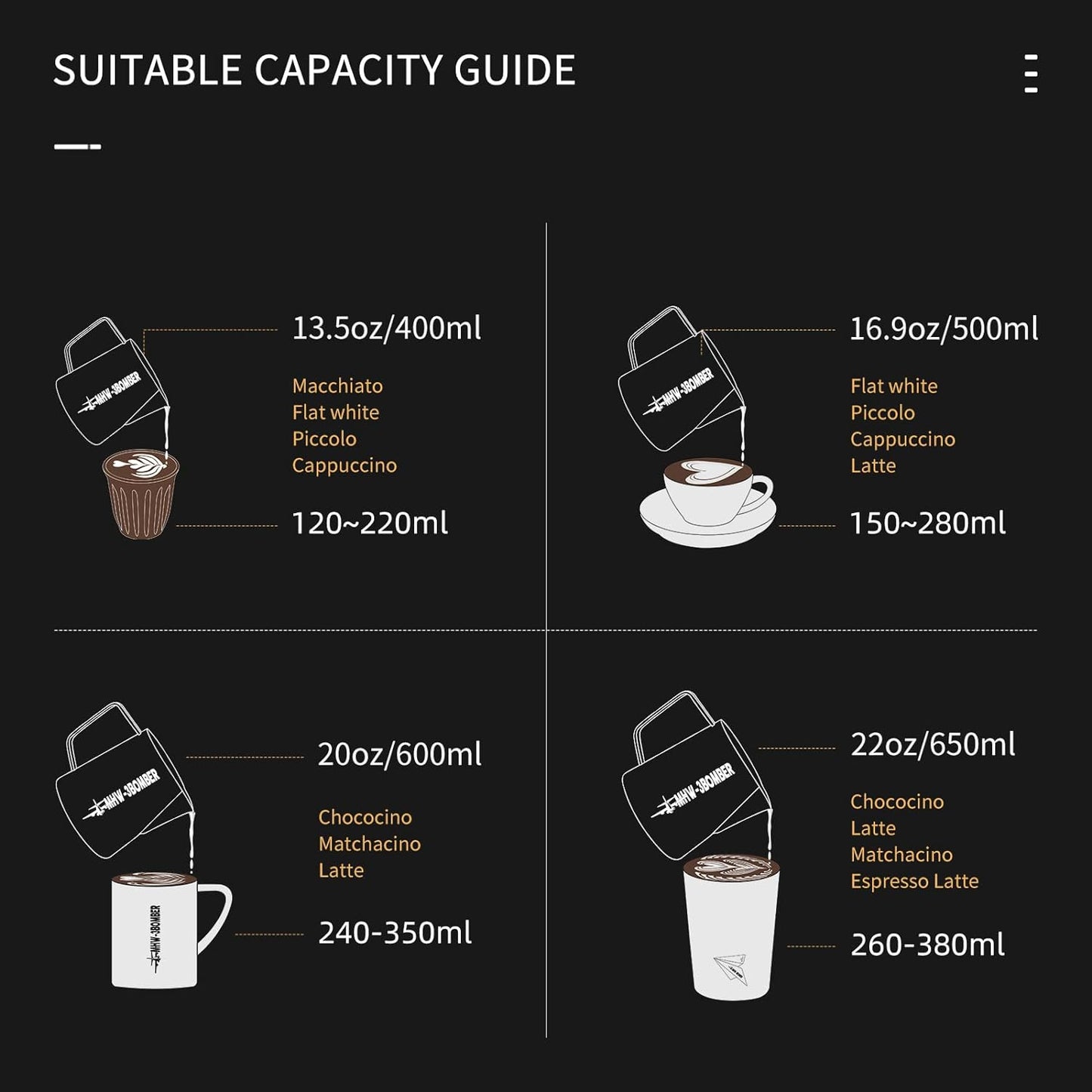 MHW-3BOMBER Espresso Steaming Pitcher Milk Frothing Pitcher Stainless Steel Milk Coffee Cappuccino Latte Art Barista Cup 16.9oz/500ml (Matte Black) P5032B-OS