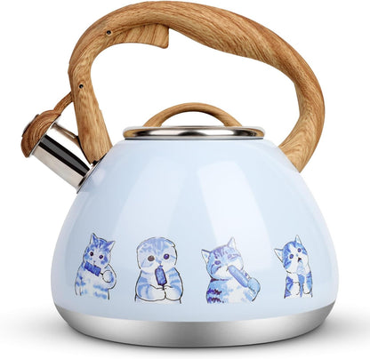 Tea Kettle, Toptier Teapot Whistling Kettle with Wood Pattern Handle Loud Whistle, Food Grade Stainless Steel Tea Pot for Stovetops Induction Water Kettle, 2.7-Quart Blue Cat