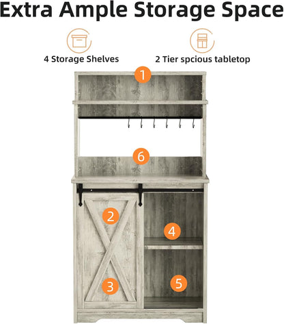 Farmhouse Coffee Bar with 3 Tier Storage Hutch, 56 Inch Small Coffee Station with 6 Hooks, Corner Bar Table with Adjustable Shelves for Living Dining Room (Grey)