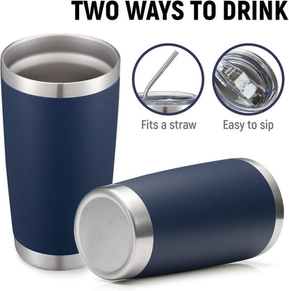 COMOOO 20oz/8Pack Double Wall Vacuum Insulated Coffee Travel Mug Stainless Steel Tumbler Bulk with Lid and Straw Durable Powder Coated Insulated Coffee Cup for Cold & Hot Drinks, Navy, 8 Pack