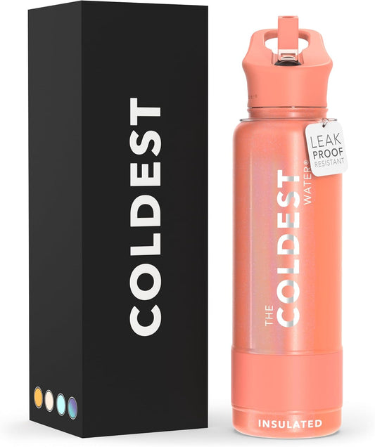 Coldest Insulated Water Bottle with Straw Lid - Stainless Steel Metal Insulated Bottle for Men & Women (Pink Froze Glitter, 40 oz)