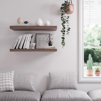Floating Shelf, Set of 2 Wall Shelf, 24 in W x 12.75 in D x 2 in H Wooden Floating Wall Shelf with Invisible Brackets for Living Room/Bedroom/Bathroom/Kitchen Storage and Decor, Walnut