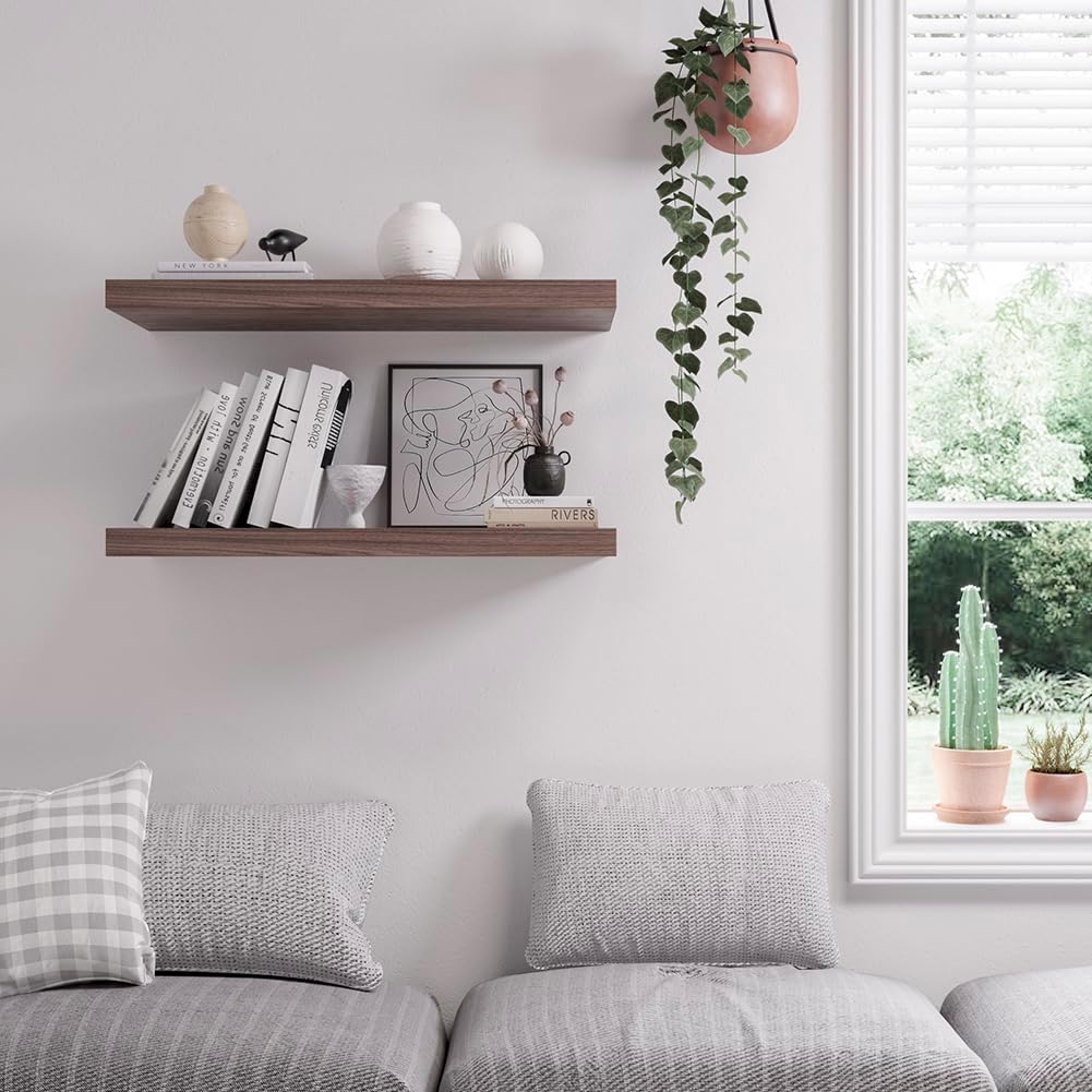 Floating Shelf, Set of 1 Wall Shelf, 24 in W x 12.75 in D x 2 in H Wooden Floating Wall Shelf with Invisible Brackets for Living Room/Bedroom/Bathroom/Kitchen Storage and Decor, Walnut