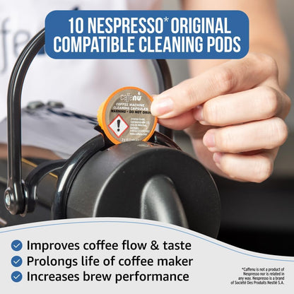 Nespresso Compatible Cleaning Pods. 10 Cleaner Capsules. Improved Coffee Flavor. For Nespresso Originaline, Use with Descaling Kit.