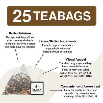 BREWIX, Vanilla Spiced Chai Tea (25 Pyramid Tea Bags) | High Caffeine, Gluten Free | Blend Of Vanilla & Masala Chai Tea | Black Tea with Cinnamon, Black Pepper, Cardamom and Clove | Energy & Focus Tea