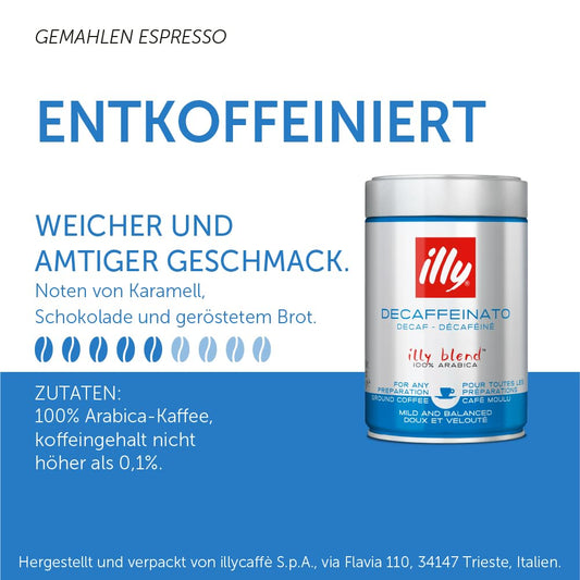 illy Ground Coffee Espresso - 100% Arabica Beans – Classico Decaf Roast - Notes of Caramel, Toasted Bread & Chocolate - Rich Aromatic Profile - No Preservatives – 8.8 Ounce