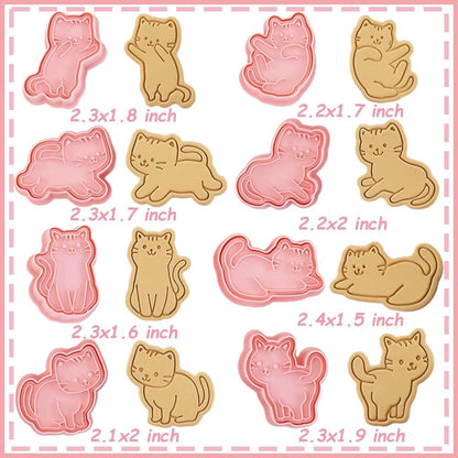 8pc 3D Cute Cat Cookie Stamps, Cupcake Pancake Apple Pie Pastry Biscuit Molds, Fruit & Sandwich Cutter Set for Cat Party Decorations