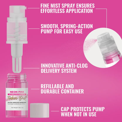 Bakell - Neon Pink Tinker Dust (4g, 1x Mini Spray Pump) Edible Glitter for Food, Desserts, and Beverages!