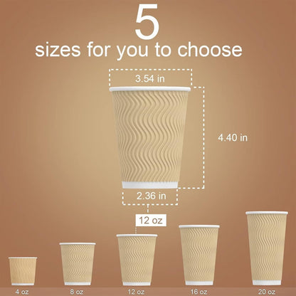 Hot Paper Cups_12 oz Disposable Insulated Corrugated Sleeve Ripple Wall Paper Cup 100 pcs,12oz Cups for Drink，Hot Coffee Cups (Brown)