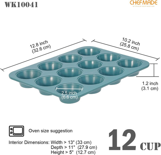 CHEFMADE Muffin Pan, 12 Cups Non-Stick Cupcake Baking Pan Heavy Duty Carbon Steel Pan Muffin Tins Standard Baking Mold for Cakes（Green）