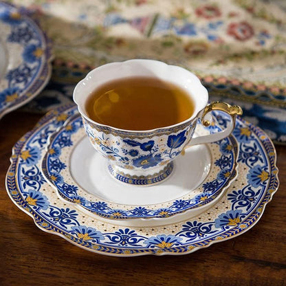 ACMLIFE Bone China Tea Cups and Saucers, 6.8 oz Tea Cup and Saucer Set, with Gold Trim and Gift Box, Blue and White (Blue-D)