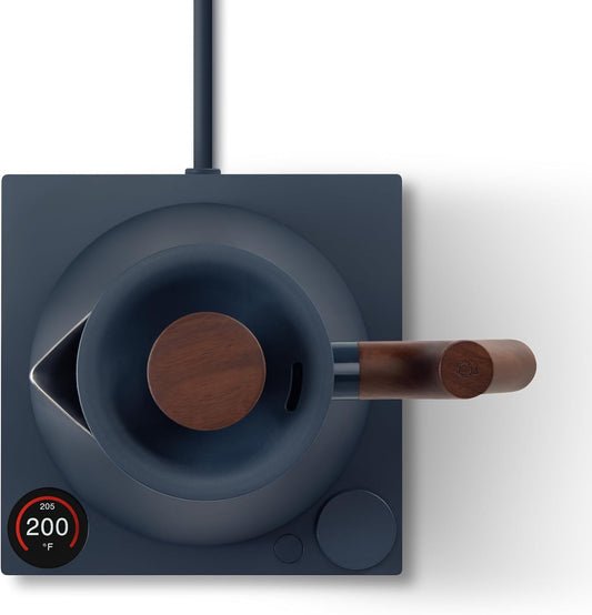 Fellow Corvo EKG Pro Electric Tea Kettle - Quick Heating, Precise Temperature Control Electric Kettle, Scheduling, Built-in Brew Timer for Boiling Water - Stone Blue with Walnut Handle - 0.9 Liter