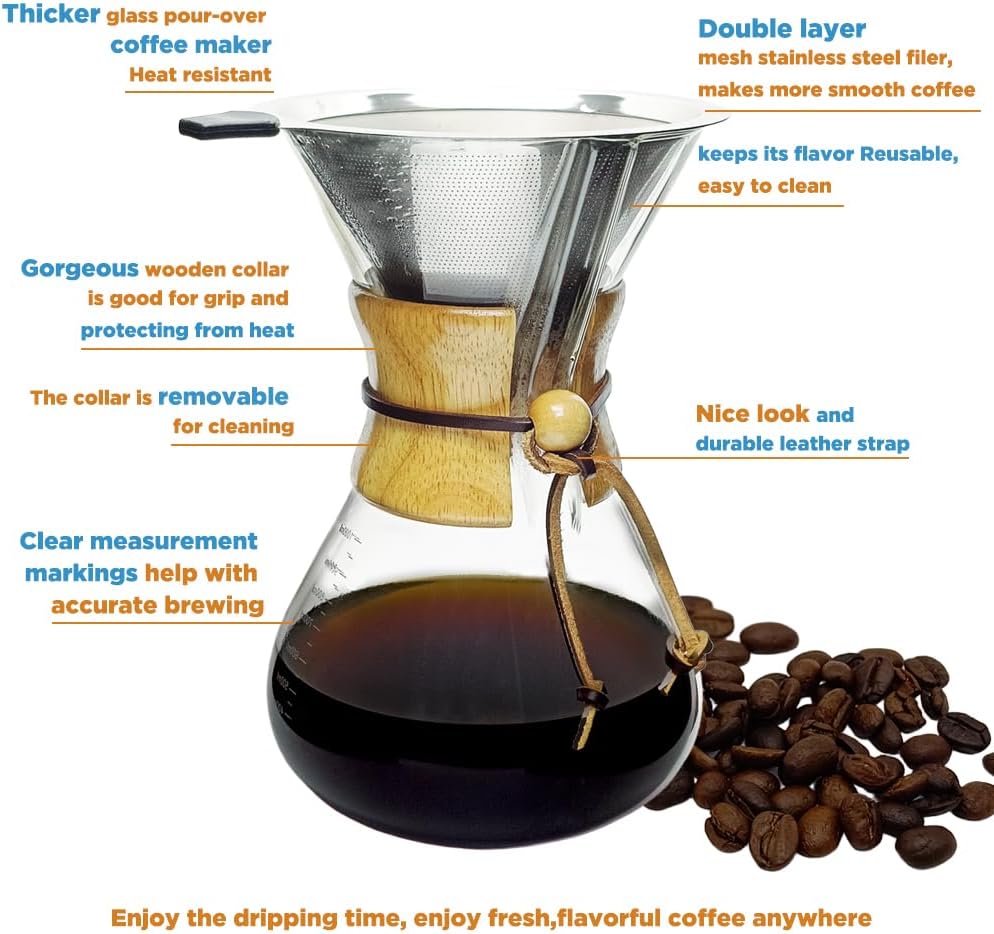 Pour Over Coffee Maker 20 oz Drip Coffee Pot Set Glass Carafe with Filter Subjectthree Manual Brewer for Camping (6 cup/20 oz)