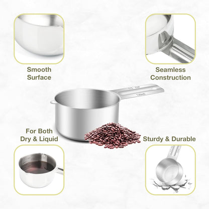 1PCS 1/2Cup (120ml, 4oz) Single Measuring Cup, Etched Inner Scale Stainless Steel Measure Scoop, Metric and US Measurement, Dishwasher Safe