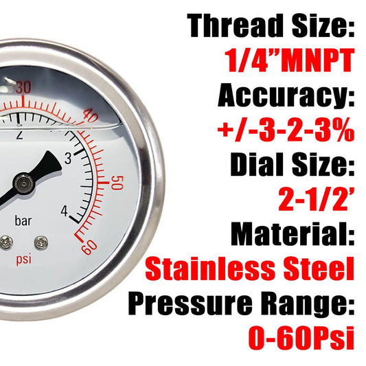Pressure Gauge 1/4" NPT 0-60Psi Glycerin Filled 2 1/2 inch Dial 304 Stainless Steel Case Center Back Mount