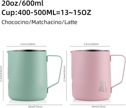 Milk Frothing Pitcher - 600ml/20oz Milk Frother Cup Espresso Steaming Pitcher for Barista, Bincoo SUS304 Stainless Steel Espresso Steaming Pitchers for Latte Art/Cappuccino/Coffee/Milk (Green-600ml)