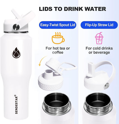 SENDESTAR 32oz Water Bottle Wide Mouth Stainless Steel Vacuum Insulated Double Wall with 2 Straw Lids Fit in Any Car Cup Holder
