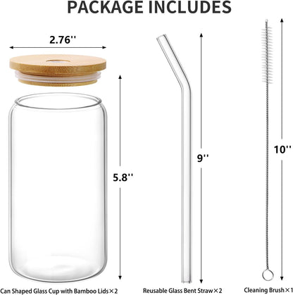 Glass Cups with Lid and Straw, 16oz Beer Glasses Glass Coffee Cups, Iced Coffee Cups with Lid, Glass Tumbler with Straw and Lid (2 PACK)