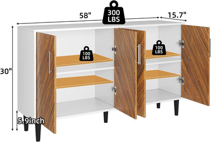 4 EVER WINNER 55" Sideboard Buffet Cabinet with Storage, Coffee Bar Cabinet with Adjustable Shelves, Kitchen Storage Cabinets with 4 Doors for Kitchen, Dining Room