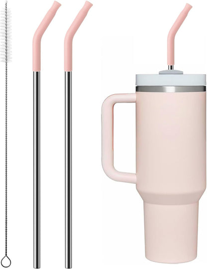 Metal Straw with Silicone Tip for 40oz Stanley Cup, 2 Pcs Stainless Steel Straws Replacement for Stanley 40 oz Adventure Quencher Travel Tumbler Cup, 1 Straw Brush (Light Pink)