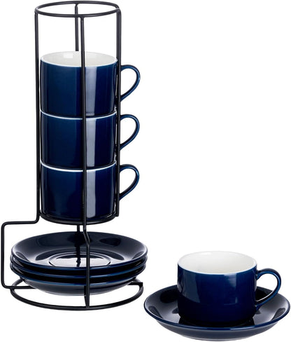 4oz Porcelain Stackable Espresso Cups with Saucers and Metal Stand Set of 4, Stackable Cappuccino Cups, Blue Expresso Shots Cup Set for Coffee Drinks, Latte, Americano, Tea