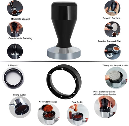 51mm Espresso Tamper Set, 5PCS Coffee Tamper Kit with WDT Tool, Coffee Stirrer, Dosing Funnel, Puck Screen 51mm Espresso Accessories Tampers Kit (Black)