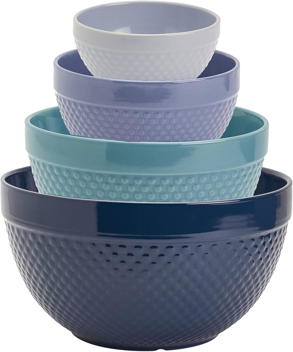 TTU Tabletops Gallery Hobnail Style 4 Piece Blue Storm Stoneware Nesting Mixing Bowl Set for Baking and Cooking