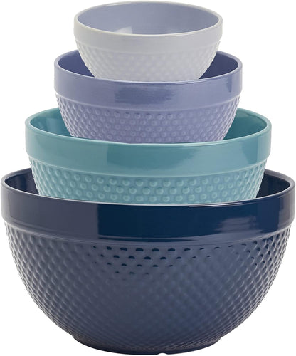 TTU Tabletops Gallery Hobnail Style 4 Piece Blue Storm Stoneware Nesting Mixing Bowl Set for Baking and Cooking