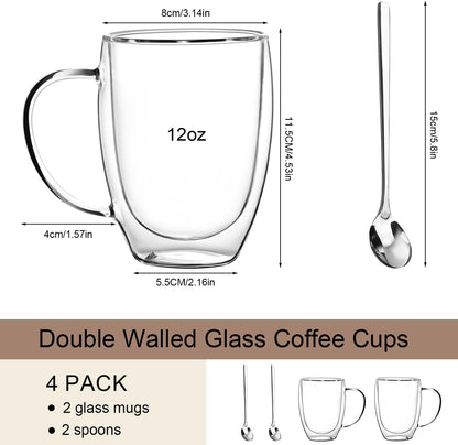 Double Wall Glass Coffee Mugs 12 OZ, Clear Coffee Cup With Handle,Insulated Coffee Mugs Set of 2 With Spoons Perfect for Espresso, Cappuccino, Latte, American,Tea Bag, Beverage