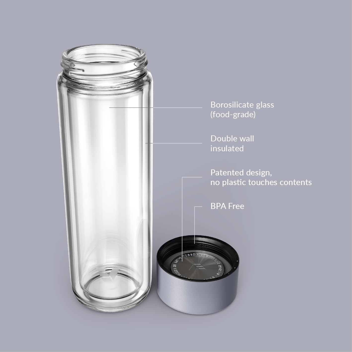 Glass Multi Tea Infuser Bottle 14oz - Double Wall Borosilicate Glass Flask | No Plastic Touches Contents | Perfect for Office or Home - Purple