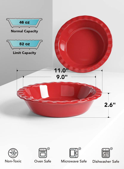 LE TAUCI Ceramic Pie Pans for Baking, 9 Inches Pie Plate for Apple Pie, Pecan Pie, 52 Ounce Deep Pie Dish, Set of 2, Red
