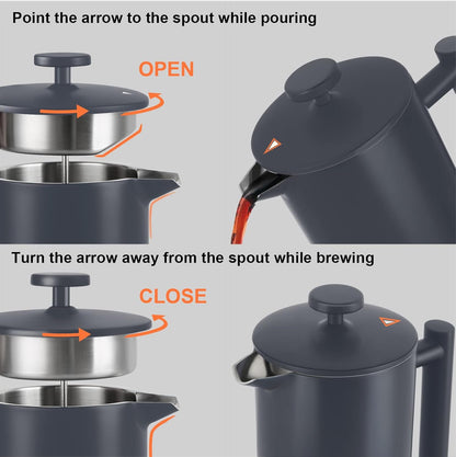 Secura French Press Coffee Maker, 304 Grade Stainless Steel Insulated Coffee Press with 2 Extra Screens, 34oz (1L), Grey
