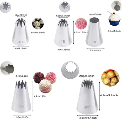 Piping Tips Large Pastry Tips Set,Cake Cream Decorating Tips for Frosting,Icing Piping Nozzle For Cupcakes Cakes Cookies(1A,1C,1E,356,9FT)
