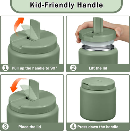 26oz Kids Jar for Hot Food, Insulated Vacuum Food Jar with Buckle Lid, Stainless Steel Wide Mouth Leak Proof Insulated Lunch Container for School Picnic Travel, Green