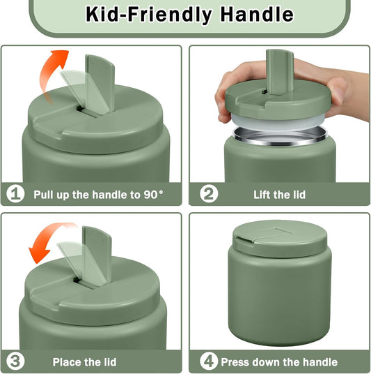 26oz Kids Jar for Hot Food, Insulated Vacuum Food Jar with Buckle Lid, Stainless Steel Wide Mouth Leak Proof Insulated Lunch Container for School Picnic Travel, Green