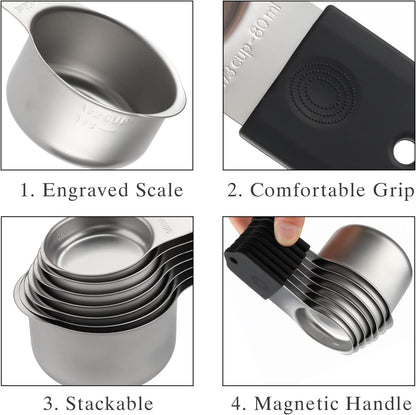 Magnetic Measuring Cups and Spoons Set Including 7 Stainless Steel Stackable Measuring Cup 8 Double Sided Magnetic Measuring Spoons with 1 Leveler for Dry and Liquid Ingredients (black)