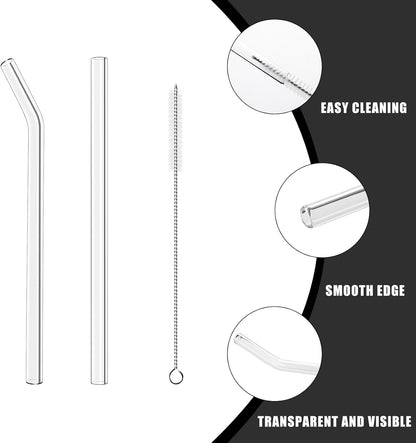 Lazycorner Reusable Glass Straws Set 16 Pcs 8.5''x 10MM Bent Clear Glass Drinking Straws, Set of 16 Bent with 4 Cleaning Brushes. Reusable Straws Perfect For Smoothies, Tea, Juice-Clear Cocktail.