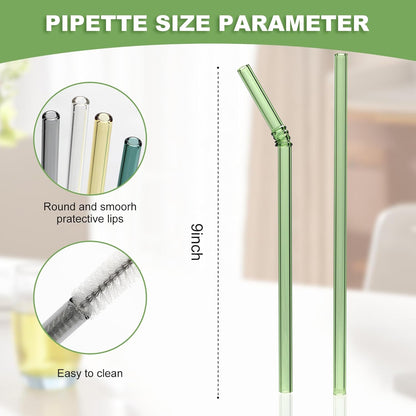 Curved Stained Glass Straws with Designs, 6-Pack Reusable, Approximately 9 Inches Long, 8MM Diameter, Shatterproof and Heat-Resistant, Includes 2 Cleaning Brushes.