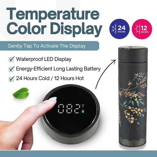 Farasi Tea Infuser for Loose Leaf Tea Smart Water Bottle with Fahrenheit Temperature Display, Stainless Steel, Insulated Coffee and Fruit Tea Infuser Bottle - Black Floral Tea Mug 15 oz
