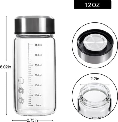 12Oz Glass Water Bottle with Lid and Sleeve,0.15in/3.8mm Thick Glass Shaker Bottles for Protein Mixes,Juicing,Smoothies, Infused Water,Beverage,Wide Mouth Small Reusable Coffee Bottle