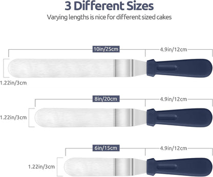 U-Taste Offset Spatula for Cake: Angled Icing Spatula Set with Wide 6", 8", 10" Blade, Flexible Stainless Steel Pastry Decorating Frosting Metal Baking Spreader for Cupcake (Set of 3, Midnight Blue)