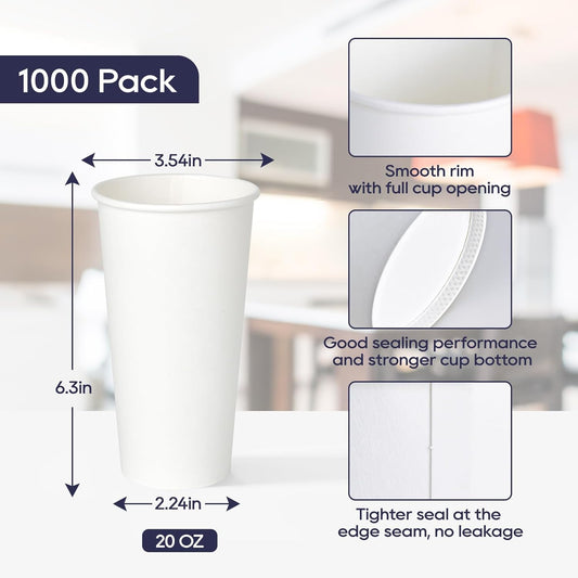 LITOPAK 1000 pack Paper Cup Disposable 20 oz, Bulk White Paper Cups, Hot Paper Coffee Cups for Offices, Schools, Shops, Restaurants