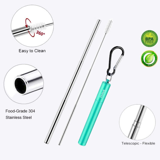 2 Pack Reusable Metal Straws Collapsible Stainless Steel Drinking Straw Travel Portable Telescopic Straw with Case,2 Cleaning Brushes Included Black/Turquoise