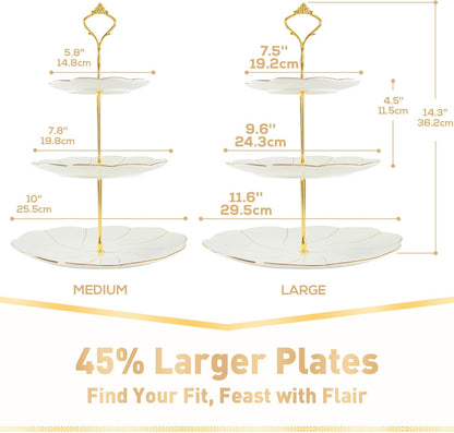 DUJUST Luxury Larger 3-Tier Cupcake Stand Tower, British Style Porcelain Serving Tray with Golden Trim, Food Grade Dessert Display Stand for Tea Party & Home Décor - 45% Larger Plates