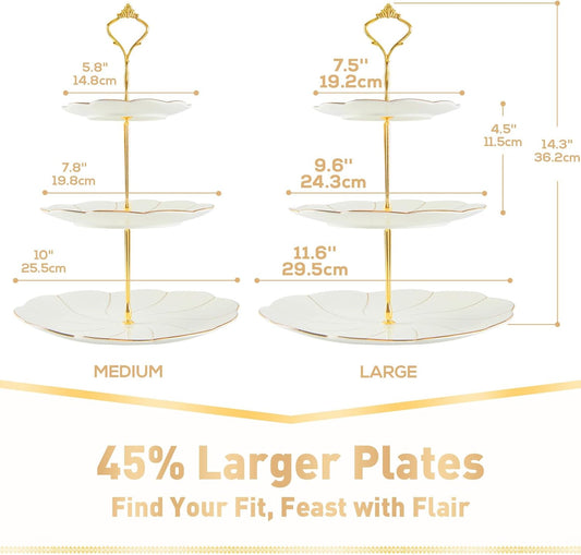DUJUST Luxury Larger 3-Tier Cupcake Stand Tower, British Style Porcelain Serving Tray with Golden Trim, Food Grade Dessert Display Stand for Tea Party & Home Décor - 45% Larger Plates